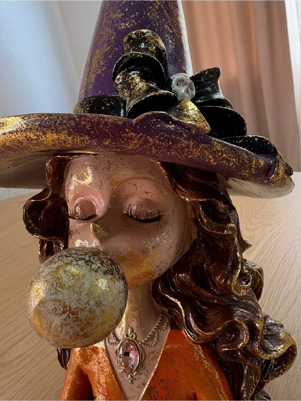 HALLOWEEN Whismical Witch Figurine with Orange Dress and Purple Multicolor hat